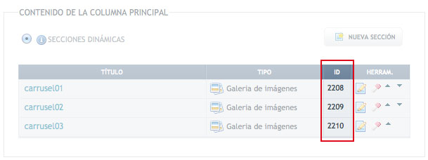 ID de los elementos de la página