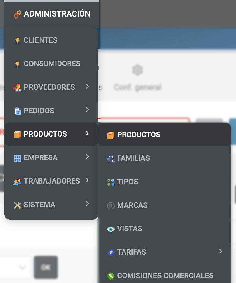 Menú Administración › Productos.
