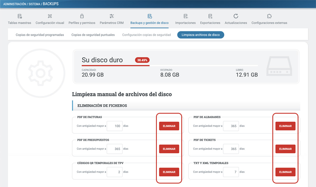 Cada botón ELIMINAR borra solo el tipo de archivo de su recuadro.