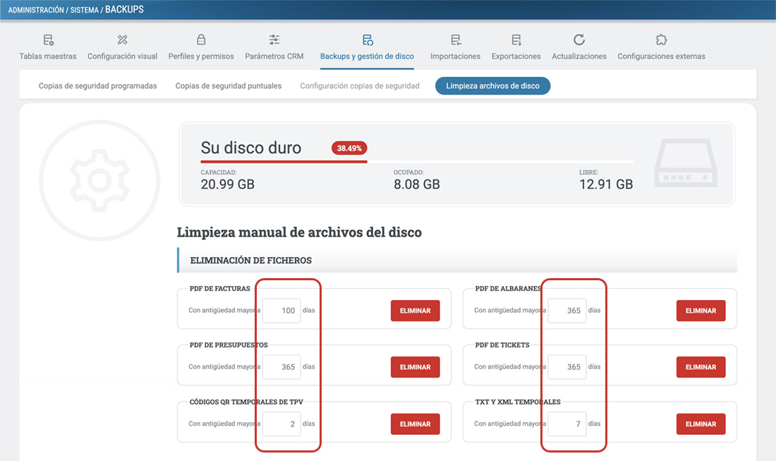 En cada recuadro indica a partir de cuántos días de antigüedad se borran los archivos.