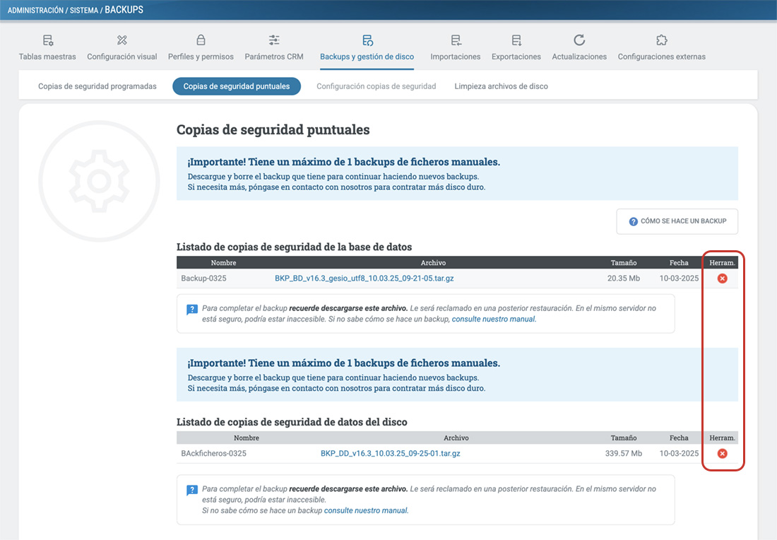 El aspa roja de cada fila borra esa copia del servidor.