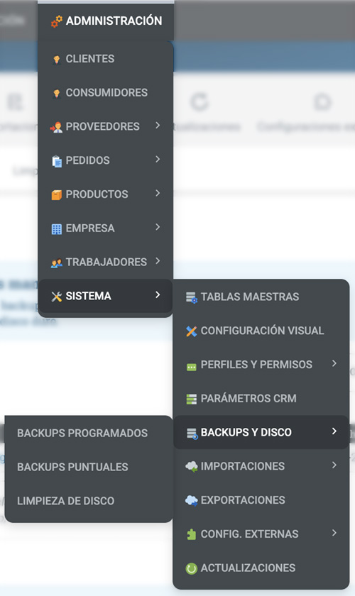 Menú para llegar a las copias de seguridad puntuales.
